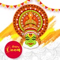 Happy Onam festival card or poster design with illustration of Kathakali dancer face. Royalty Free Stock Photo