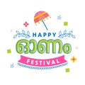 Happy Onam Festival Greeting Card With Malayalam Language And Olakkuda Umbrella On White