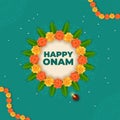Happy Onam Font Over Circular Frame Made By Marigold Flowers, Mango Leaves, Lit Oil Lamp Diya On Teal Green Mandala