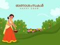 Happy Onam Font Written In Malayalam Language With Beautiful South Indian Young Lady Plucking Flowers On Garden