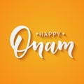 Happy Onam greeting lettering. Ink typography phrase for Indian festival. Black text isolated on festive orange