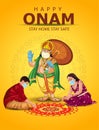 Happy onam greetings vector illustration. illustration of woman making pookalam for children`shappy onam greetings vector