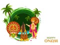 Happy Onam poster or banner design with illustration of Kathakali dancer face. Royalty Free Stock Photo