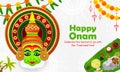 Happy Onam traditional white decorated background with kathakali dancer face, traditional food sadya served on banana leaf for