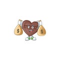 Happy one bite love chocolate cartoon character with two money bags