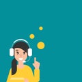 Happy operator with bubbles, headphones and microphone. flat vector illustration on blue background