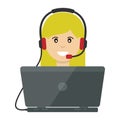 Happy operator girl with computer, headphones and microphone. flat vector illustration on white background