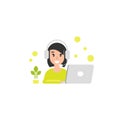 Happy operator girl with computer, headphones and microphone. flat vector illustration