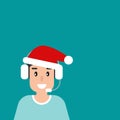 Happy operator with headphones, microphone and santa hat on blue background