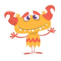 Happy orange monster. Vector Halloween horned monster character mascot