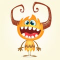 Happy orange monster. Vector Halloween horned monster character smiling