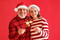 Happy overjoyed senior family couple in Santa hats with Bengal sparkler light celebrate New year