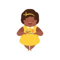 Happy overweight african american girl with junk fast food, cute chubby child cartoon character vector Illustration on a