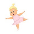 Happy Overweight Chubby Girl, Cheerful Blonde Plump Kid Character in Pink Dress Cartoon Style Vector Illustration