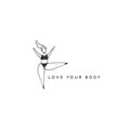 Happy overweight dancing woman. Vector hand drawn logo template. Plus size concept, body positive. Royalty Free Stock Photo