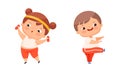 Happy overweight kids doing different activities set. Cute boy and girl doing sports exercise cartoon vector Royalty Free Stock Photo