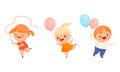 Happy overweight kids doing different activities set. Joyful boy and girl doing sports and having fun with balloons Royalty Free Stock Photo