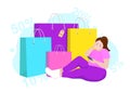 Happy overweight woman bought many expensive things through online internet shop. Sale and consumerism concept. XXL plus