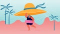 Happy Overweight Woman Character Wearing Inflatable Ring Holding Huge Tropical Hat in Hands Run along Summer Sandy Beach Royalty Free Stock Photo