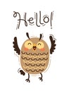 A happy owl greets you Hello. Vector illustration in cartoon style