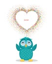 A happy owl throws a multicolored confetti in the shape of a hearts