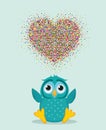 A happy owl throws a multicolored confetti in the shape of a hearts