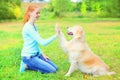 Happy owner woman is training Golden Retriever dog on the grass in park Royalty Free Stock Photo