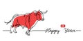 Happy ox Year simple vector banner, background. Chinese new year 2021 concept with red cow,bull. One continuous line Royalty Free Stock Photo