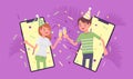 Happy pair hosting online party, gathering to celebrate by smartphone