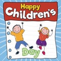 Happy Pair of Kids Celebrating Children`s Day, Vector Illustration