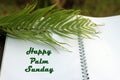 Happy Palm Sunday. Palm Sunday concept with fern leaf on an open spiral book.