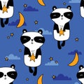 Colorful seamless pattern with happy pandas, moon, stars. Decorative cute background with animals, night sky