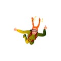 Happy parachuting girl falling with a parachute showing thumbs up. Vector illustration in a flat cartoon style.