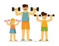 Happy parent and children exercising together on white