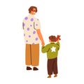 Happy parent and kid. Father and boy son communication, relationships. Smiling dad holding childs hand, standing, view