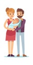 Happy parent with newborn. Mom and dad with kid, husband and wife hugging baby, young smiling family parenthood and