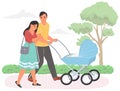 Happy parent walking baby in stroller vector