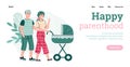 Happy parenthood website with couple walking with baby, flat vector illustration.