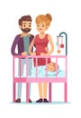 Happy parents with baby. Family couple cuddling and newborn in cradle, vectyoungor cartoon characters