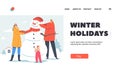 Happy Parents with Children Making Snowman on Winter Holidays Landing Page Template. Father, Mother and Baby Activities