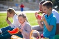Happy parents with children on picnic eating watermelon in summer park Royalty Free Stock Photo