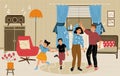 Happy parents dancing with children in retro room