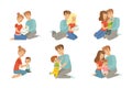 Happy parents embracing their kids set, mother and father hugging their children, happy family concept vector