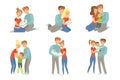 Happy parents embracing their kids set, mother and father hugging their children, happy family concept vector