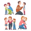 Happy Parents Hugging and Kissing their Kids Set, Parenthood Concept Cartoon Style Vector Illustration