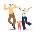 Happy parents jumping up with little baby kid. Cheerful young mom, dad and small boy having fun Royalty Free Stock Photo