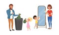 Happy Parents and Kids Doing Housework Together Set, People Throwing Garbage into Trash Bin and Cleaning Mirror Cartoon