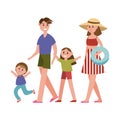 Happy parents with kids on summer vacations cartoon characters, beach holidays vector Illustration Royalty Free Stock Photo