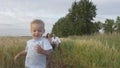 Happy parents playing with child on a wheat field Royalty Free Stock Photo