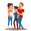 Happy Parents Standing Behind The Student With Diploma And Graduate Cap Vector. Isolated Illustration